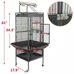 ZENY 61-inch Playtop Parrot Bird Cage, Wrought Iron Birdcage with Rolling Stand for Medium Pet Bird Like Cockatiels Quaker Conure Parakeet Lovebird Finch, Black