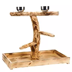 Penn-Plax Wood Bird Perch with 2 Stainless Steel Feeding Cups and Drop Tray for Large Birds - 2 Size Options