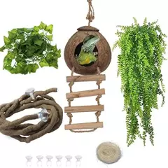 Kathson Bearded Dragon Tank Accessories, Lizard Coco Den With Ladder Gecko Coconut Husk Hut With Jungle Climber Vines Habitat Décor For Chameleon