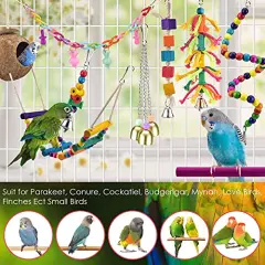 KATUMO Bird Toys, Natural Coconut Bird House with Colorful Ladder Hanging Chewing Toys Hammock Climbing Ladder Bird Colorful Toys with Bells for Parakeet, Conure, Cockatiel, Mynah, Love Birds, Finch