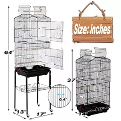 Bird Cage Parakeet Cage 64 inch Open Top Standing Parrot Cage Accessories with Rolling Stand for Medium Small Cockatiel Canary Parakeet Conure Finches Budgie Lovebirds Pet Storage Shelf