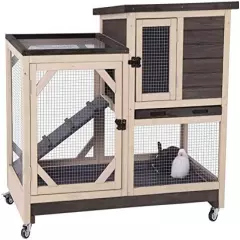 Aivituvin Upgrade Rabbit Hutch Rabbit Cage Indoor Bunny Hutch With Run Outdoor Rabbit House With Two Deeper No Leak Trays - 4 Casters Include Coffee