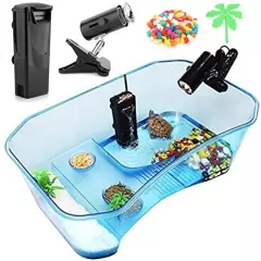 Geegoods Turtle Tank Aquarium,Reptile Tank,Turtle Aquarium Terrapin Lake With Platform Plants Tank For Pet Turtle Reptile Habitat Blue+pump Light