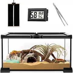 HELIME Reptile Glass Terrarium - Amphibians Habitat Cages 12" X 8" X 6.3" Starter Kits, Top Sliding Door Screen Ventilation Mini Tanks With Heating Mat, Stainless Steel Tweezer, Hygrometer Thermometer