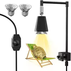 Reptile Heat Lamp, SILICAR UVA UVB Habitat Basking Lamp, Turtle Aquarium Tank Heating Lamp With Clamp, 360° Rotatable Adjustable Brightness Heating Light Metal Stand With 2 Heat Bulbs (E27, 50W)