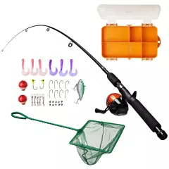 Kids Fishing Pole And Tackle Box Fishing Kit 17"Fishing Rod 32 Pcs Green Or Pink