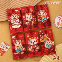 6PCS Chinese Red Envelope 2024 Year Of The Dragon Hong Bao Festival Red PackeJO