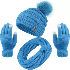 Womens Winter Warm Sets Knitted Fur Pompoms Beanie Hat Circle Loop Scarf Touch S