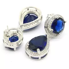 Pretty Oval Drop Shape Tanzanite White CZ Silver Earrings 