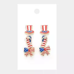 Gold 3PAIRS - American USA Flag Theme Enamel Hat Flipflops Bow Stud Earrings Set