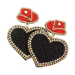 Black Felt Back Beaded Hat Heart Link Dangle Earrings