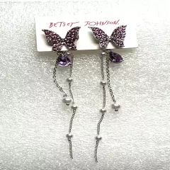 BETSEY JOHNSON SILVER TONE PURPLE CRYSTAL PEARL BUTTERFLY DANGLE STUD EARRINGS