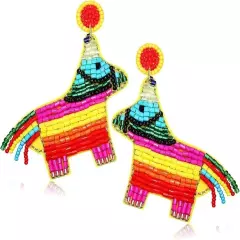 Seed Bead Hand Made Fiesta Pinata Earring Colorful Rainbow Western Boho Stud