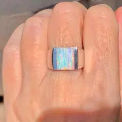 Sunset Glow Men's Square White Opal signet ring 'Just a glint' 11 sterling VIDEO