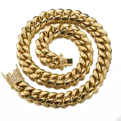 Miami Cuban Link Chain Necklace Rhinestone Clasp 18K Gold Plated Stainless Steel