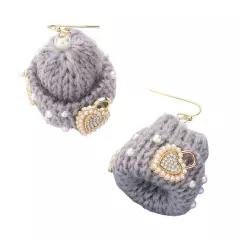 Pearl Key Heart Lock Embellished Knit Beanie Hat Dangle Earrings