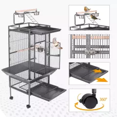 63" Wrought Iron Large Bird Flight Cage Rolling Stand African Grey Parrot Conure