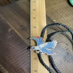 Vintage Southwestern Native American Eagle Turquoise Coral Chip Leather Bolo Tie