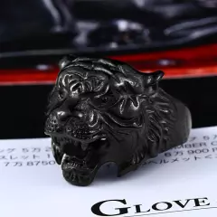 Gothic Black Tiger Head Ring Stainless Steel Men's Animal Tiger Biker Ring Punk