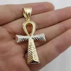 Mens Ankh Cross Pendant 10k Yellow Gold Diamond Cut Egyptian Ankh Cross 2.25 in