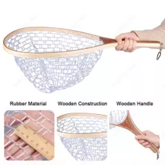 Fly Fishing Landing Net Wooden Handle Rubber Mesh Trout Catch Release Net 62cm