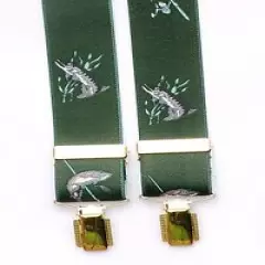 Pike and Fishing Rod Green and Gold Trouser Braces Fishing Gift Boxed