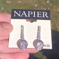 NAPIER 1" Silver Tone Clear Dangle Post Earrings 