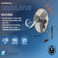 TPI CACU20-W 20" Commercial Air Circulator Wall Mount 1780/1600/1420 CFM 120V