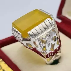 Aqeeq Akik Hakik Bague - Handmade Natural Yellow Yemeni Aqeeq Ring, Stunning Des