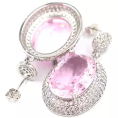 Pretty Big Oval Gemstone Pink Kunzite CZ Gift For Girls Silver Earrings 