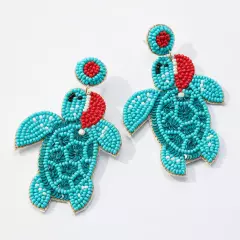 Turquoise Felt Back Seed Beaded Santa Hat Turtle Dangle Earrings