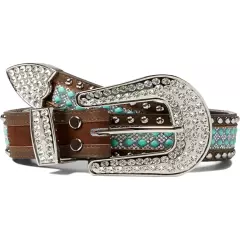 Angel Ranch Western Womens Belt Leather Studs Turq Stones Brown