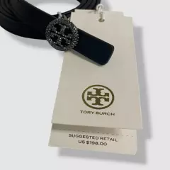 Tory Burch Women's Black Crystal Logo Leather Belt Size M