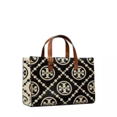 Tory Burch T Monogram Contrast Embossed Small Tote Black Cream New 150310