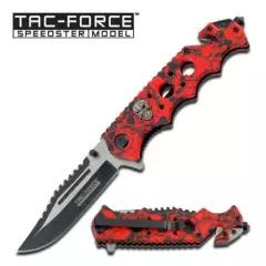 8" TAC-FORCE RED Skull Camo Spring Assisted Glass Breaker Folding Pocket Knife