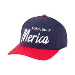 Puma Merica Script Snapback Cap Golf Hat - Navy Blazer/High Risk Red - New