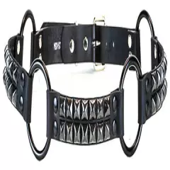 Black Leather Belt w/ 2 Row Black Pyramid Studs & O-Rings Punk Goth Metal Grunge