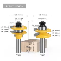 1/2" 12mm Shank Joint Rail & Stile Router Bit Tongue&Groove Cutter 3-1/8" 1-5/8"