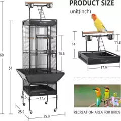 61-Inch Wrought Iron Large Bird Cage with Play Top and Rolling Stand Parrot Cage