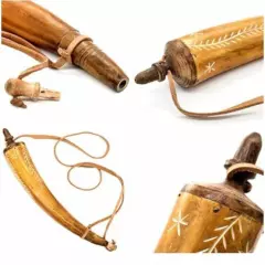 Hand Carved Powder Horn Antique Look Musket Hunting Rifle Flask w/ Leather Strap