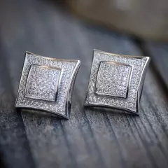 Men's 14k White Gold Plated Silver Square Shape Kite Studs Earrings CZ Gift