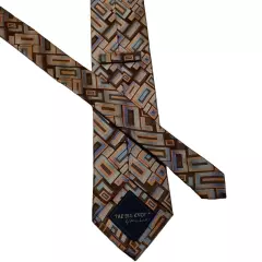 THE BIG KNOT Steven Land Men's Silk XL Necktie Designer Geometric Brown/Blue GUC