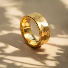 Hammered Gold Wedding Ring, 18K Yellow Gold Tungsten Wedding Band, Mens Ring