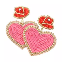 Pink Felt Back Beaded Hat Heart Link Dangle Earrings