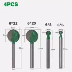 4pcs 6mm Shank Tungsten Carbide Ball Nose Router Bit Set 6mm,8mm,20mm,22mm