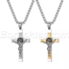 Mens Stainless Steel Saint St Benedict Jesus Crucifix Cross Pendant Necklace 22"