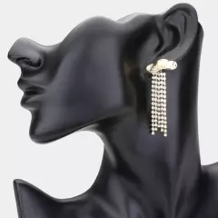 Gold Cowboy Hat Rhinestone Pave Fringe Down Evening Earrings