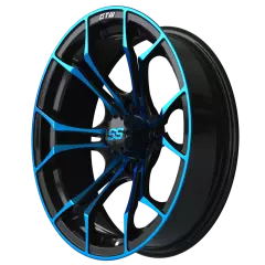 Set of 4 - GTW Spyder 15x7 Black and Blue Golf Cart Wheel With 3:4 Offset