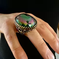 925 Sterling Silver Mystic Topaz Stone Turkish Handmade Huge Men's Ring