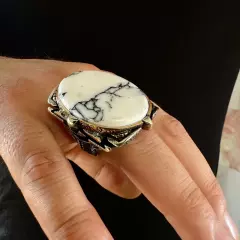 925 Sterling Silver Custom Cut White Turquoise Stone Turkish Huge Men's Ring